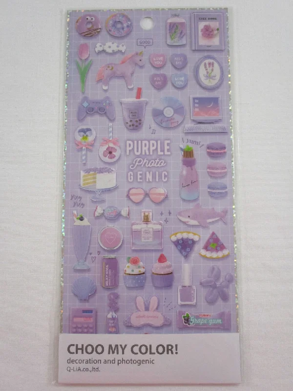 Cute Kawaii Q-Lia Photo Genic - Purple - Bubble Tea Cupcake Shark Candy Sweets Music Sticker Sheet - for Journal Planner Craft