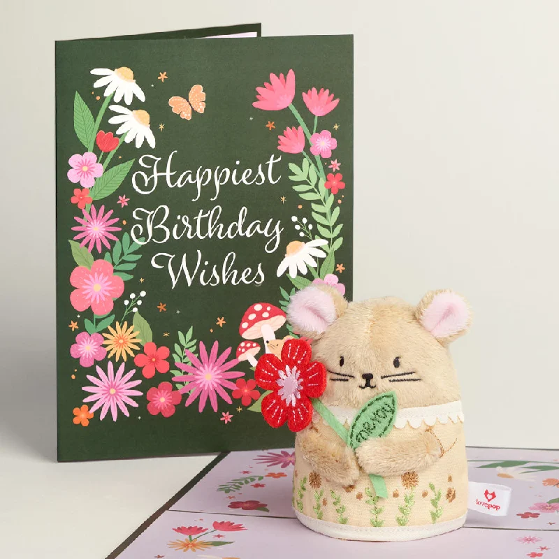 'Happiest Birthday Wishes' Floral Field Mouse Plushpop Card