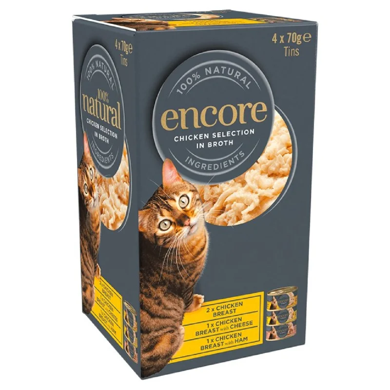    - Cat food for digestive health  Encore Cat Broth Tin Chicken Selection 4 x 70g